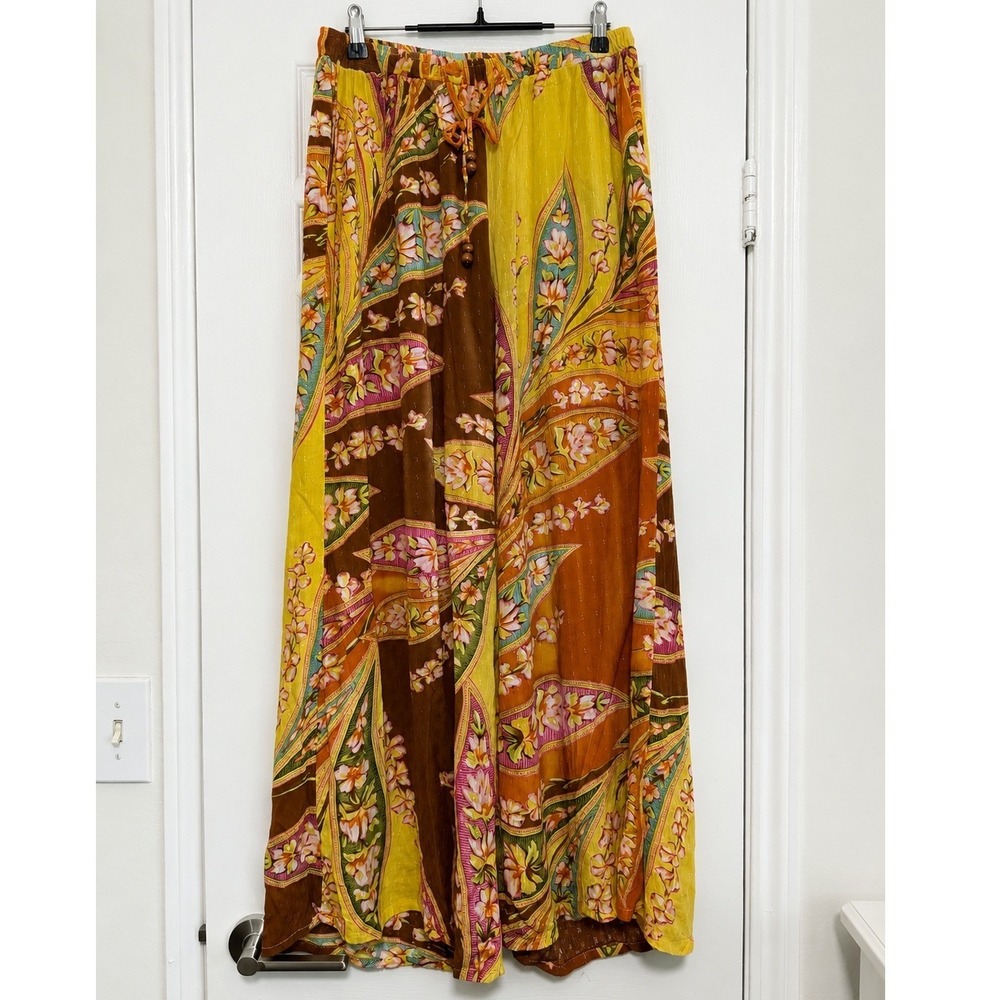 Haute Hippie Style Floral Paisley Print Wide Leg Pants Medium Wooden Bead Tie - Picture 2 of 7